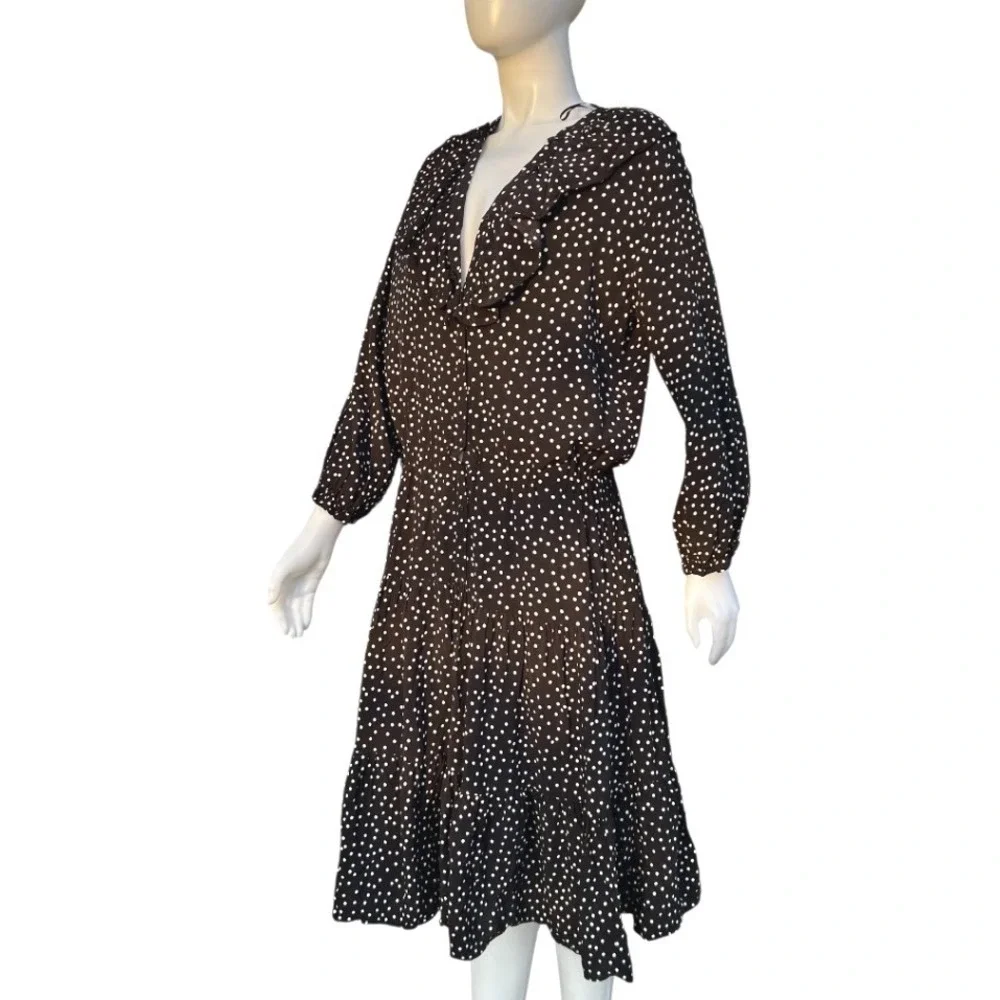 Polka Dot Tiered Midi Dress Black White Ruffle V-Neck Parisian‎ Chic Boho Size M